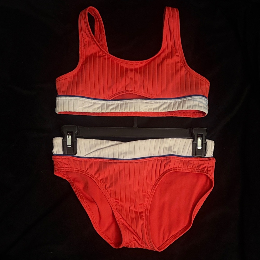 art class Red Ribbed Two-Piece Bikini with White Trim